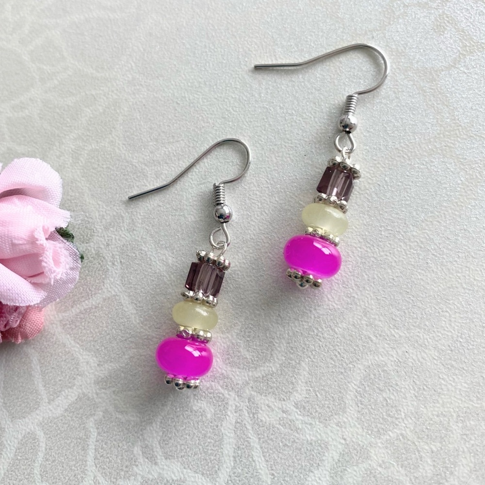 Handmade Pink White and Purple Beaded Drop Earrings